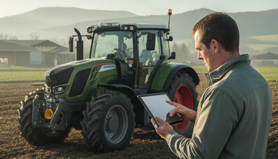 Profesional registrando datos de mantenimiento de un tractor en un entorno agrícola