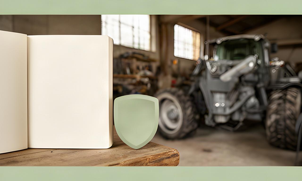Detalle de una libreta de protección de datos junto a maquinaria agrícola en un taller de La Vall d'en Bas