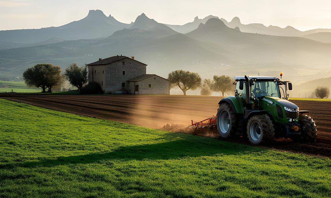 Tractor agrícola trabajando una parcela verde junto a una masía de la Vall d'en Bas