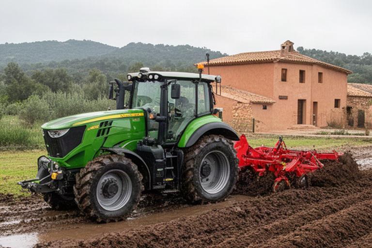 Tractor de la serie T-500 arando una parcela húmeda junto a una masía catalana