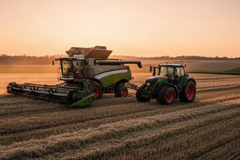Cosechadora y tractor estacionados en un campo agrícola al atardecer