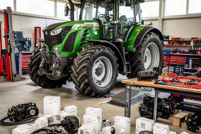 Tractor T-500 estacionado en el taller con piezas agrícolas preparadas para revisión