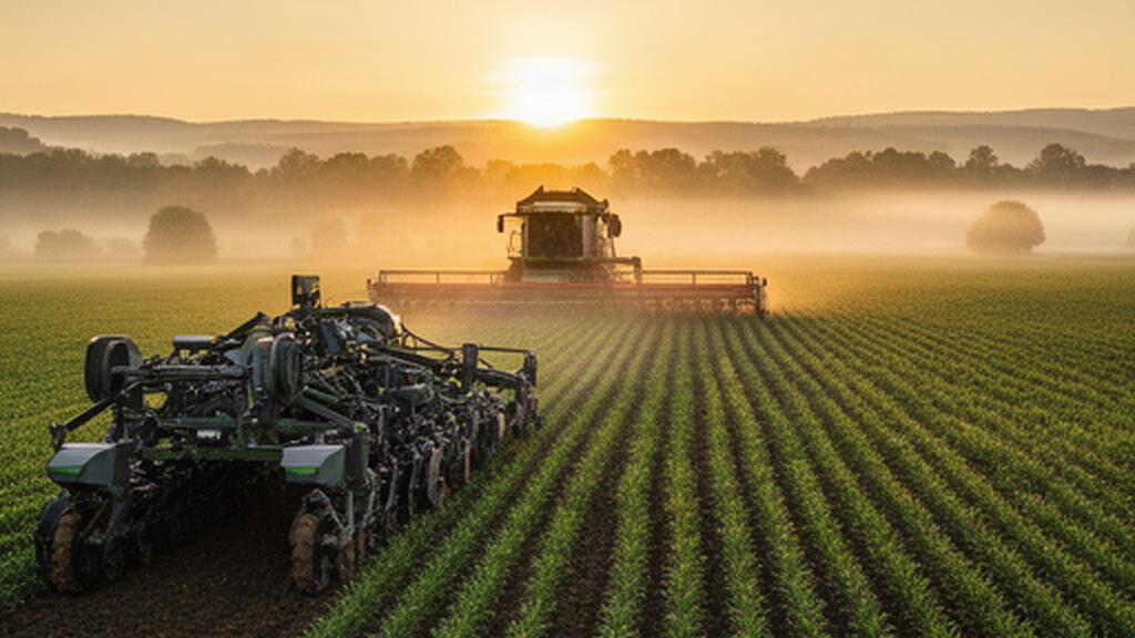 Sembradora S-100 y cosechadora C-800 trabajando en un campo verde al amanecer