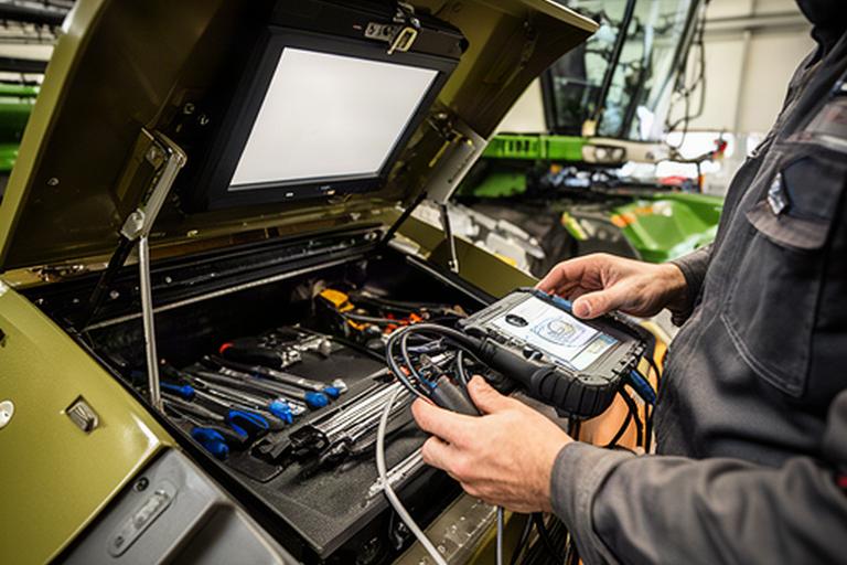 Especialista conectando un equipo de diagnóstico electrónico a una cosechadora