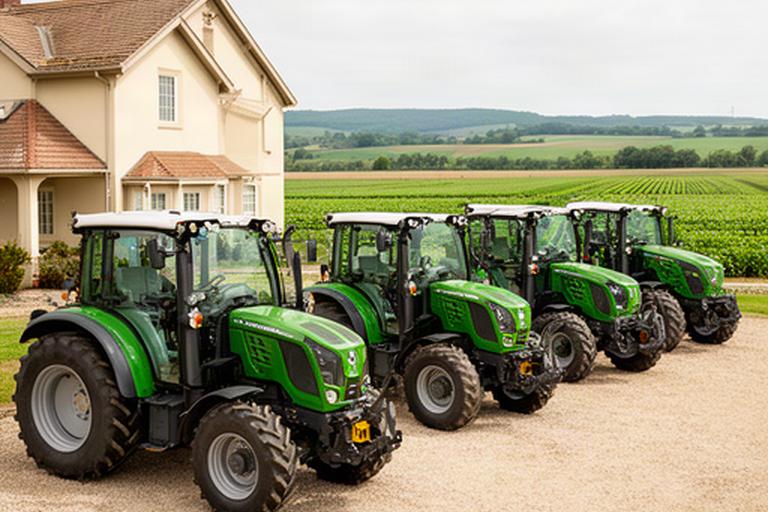 Tractores de las series T-300 y T-500 alineados junto a una finca agrícola