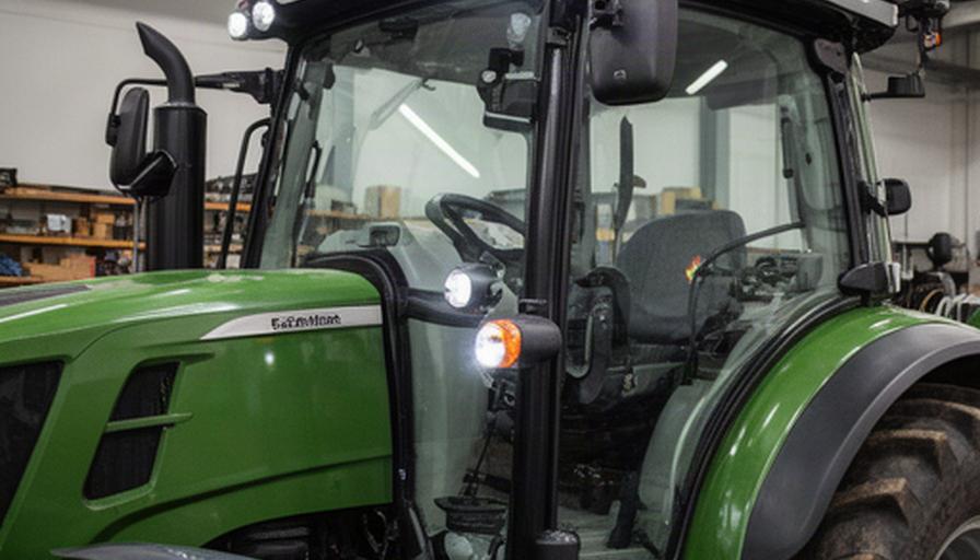 Cabina de tractor con iluminación de trabajo y accesorios instalados en un taller agrícola