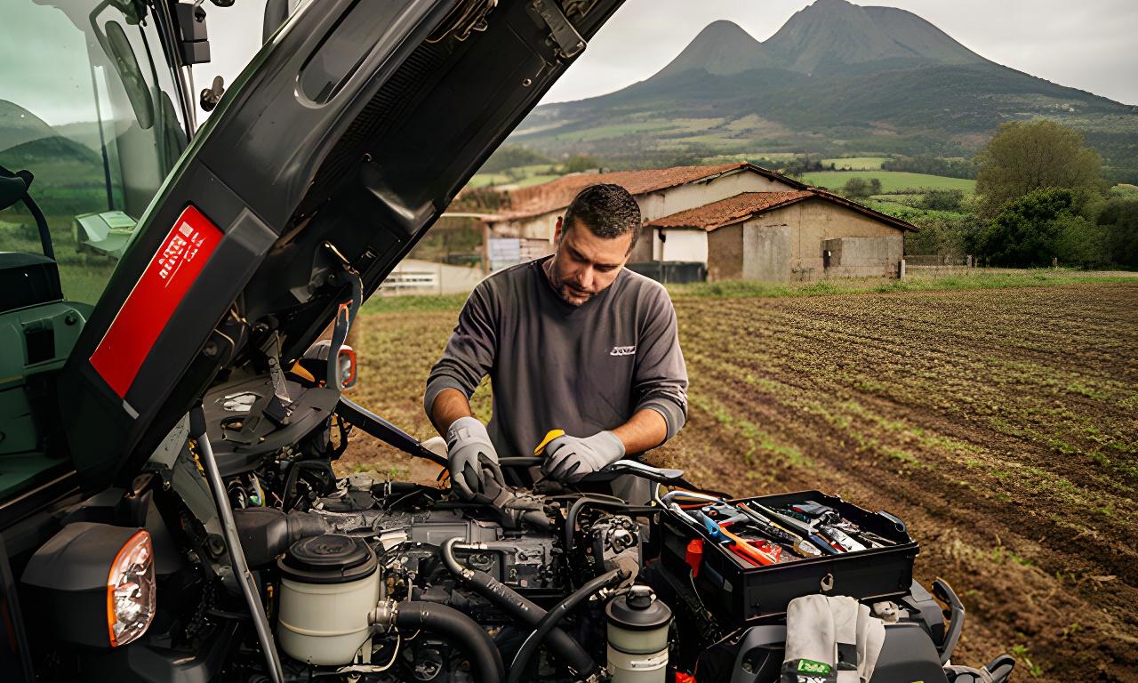 Técnico revisando el motor de un tractor agrícola en una finca de La Garrotxa