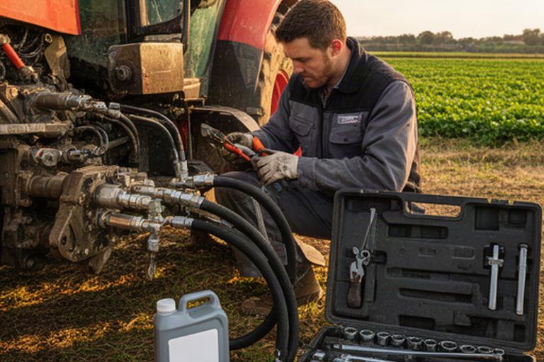 Mecánico reparando el sistema hidráulico de un tractor junto a herramientas de taller