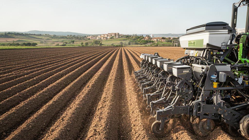 Sembradora de precisión distribuyendo semillas en hileras uniformes sobre un campo de Girona