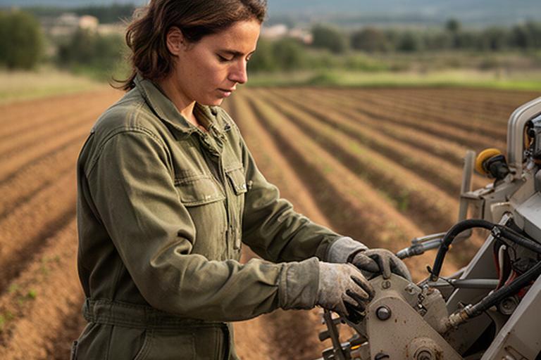 Agricultora revisando una máquina de cultivo junto a un campo recién preparado en Osona