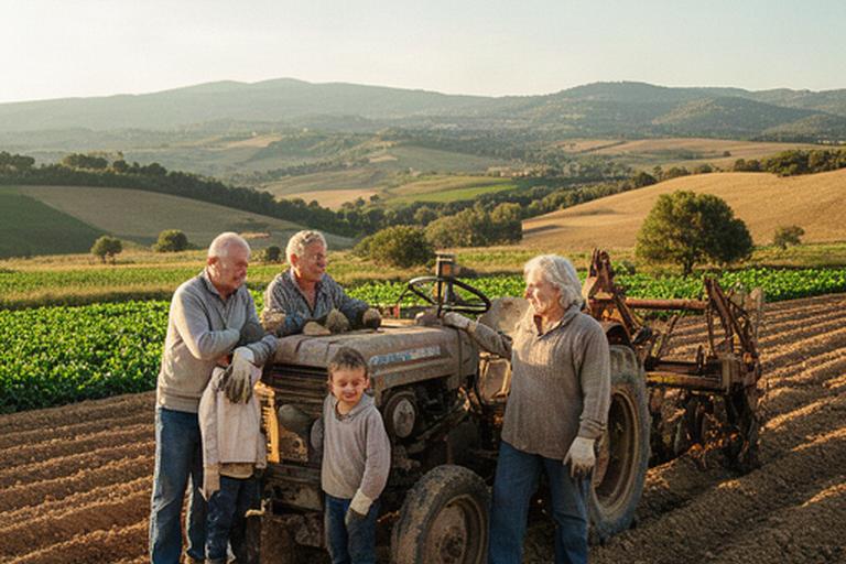 Familia de agricultores trabajando junto a maquinaria agrícola en una finca catalana