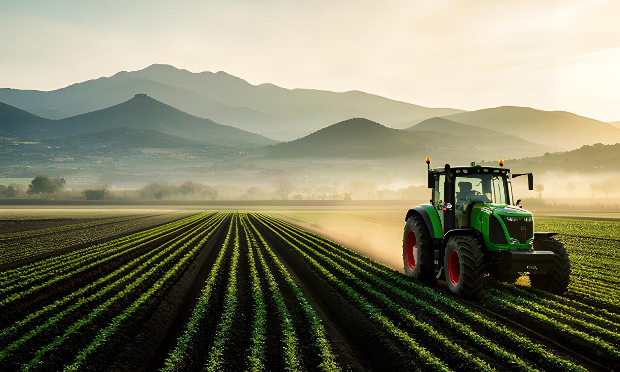 Tractor verde trabajando entre campos de cultivo de La Vall d'en Bas al amanecer