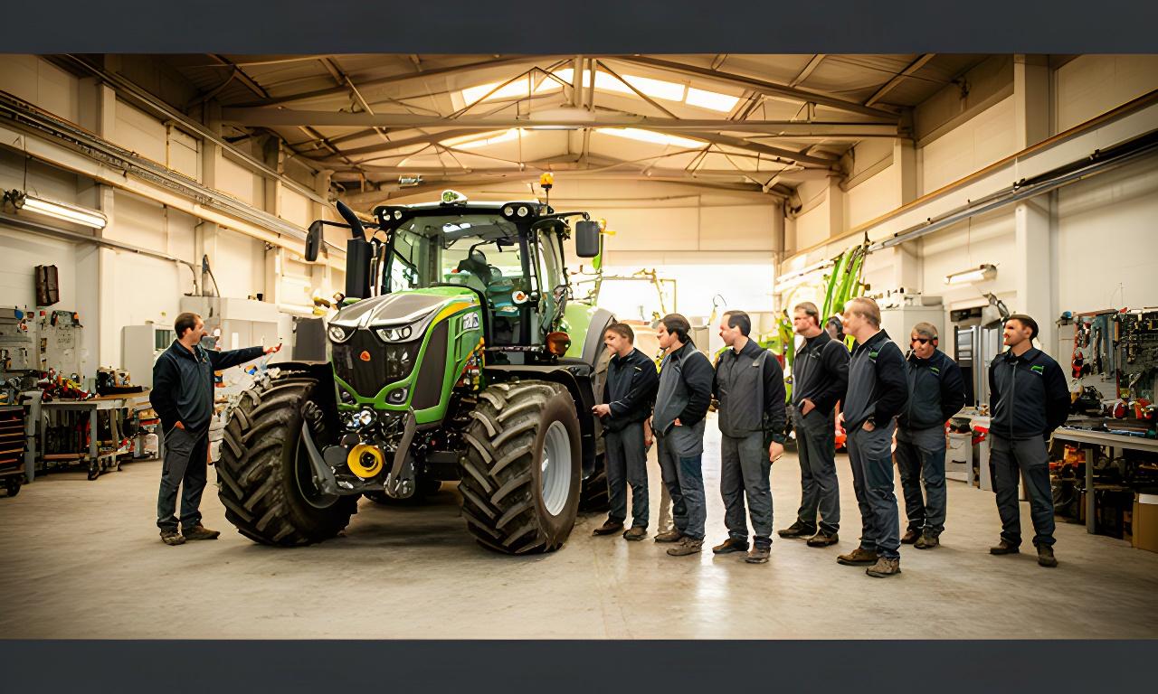 Equipo de Hugo's Tractores revisando un tractor en la fábrica de La Vall d'en Bas